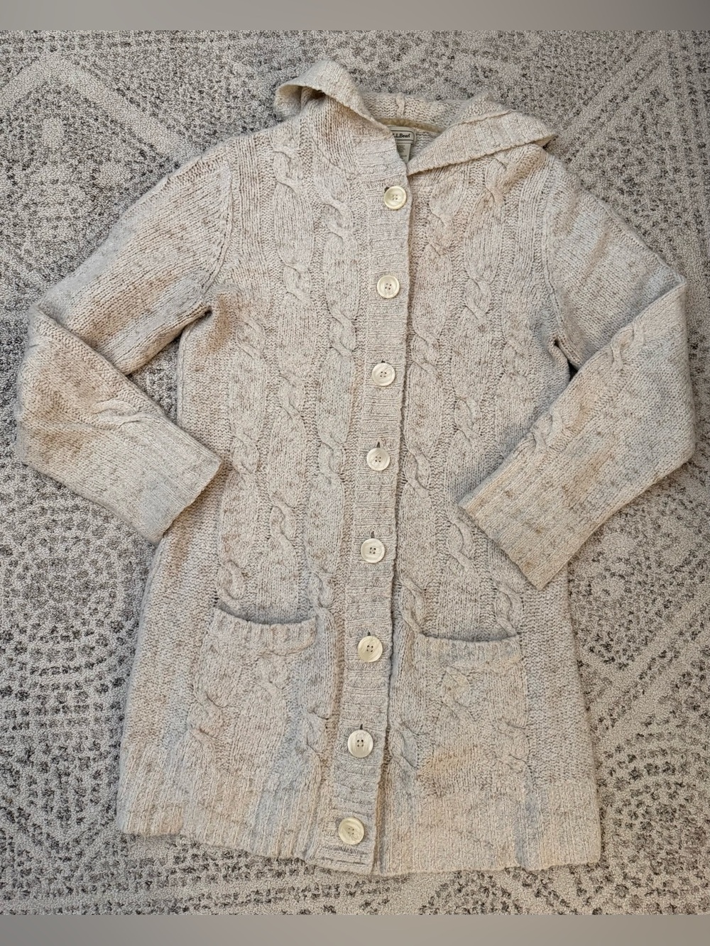 L.L.Bean Hooded Wool Blend Cable-Knit Cardigan Sweater Women’s Sz L Cream